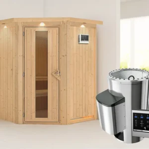 Weekendaanbieding Systeemsauna Nanja met dakkraag, energiebesparende deur + Plug & Play saunakachel met ext. besturing