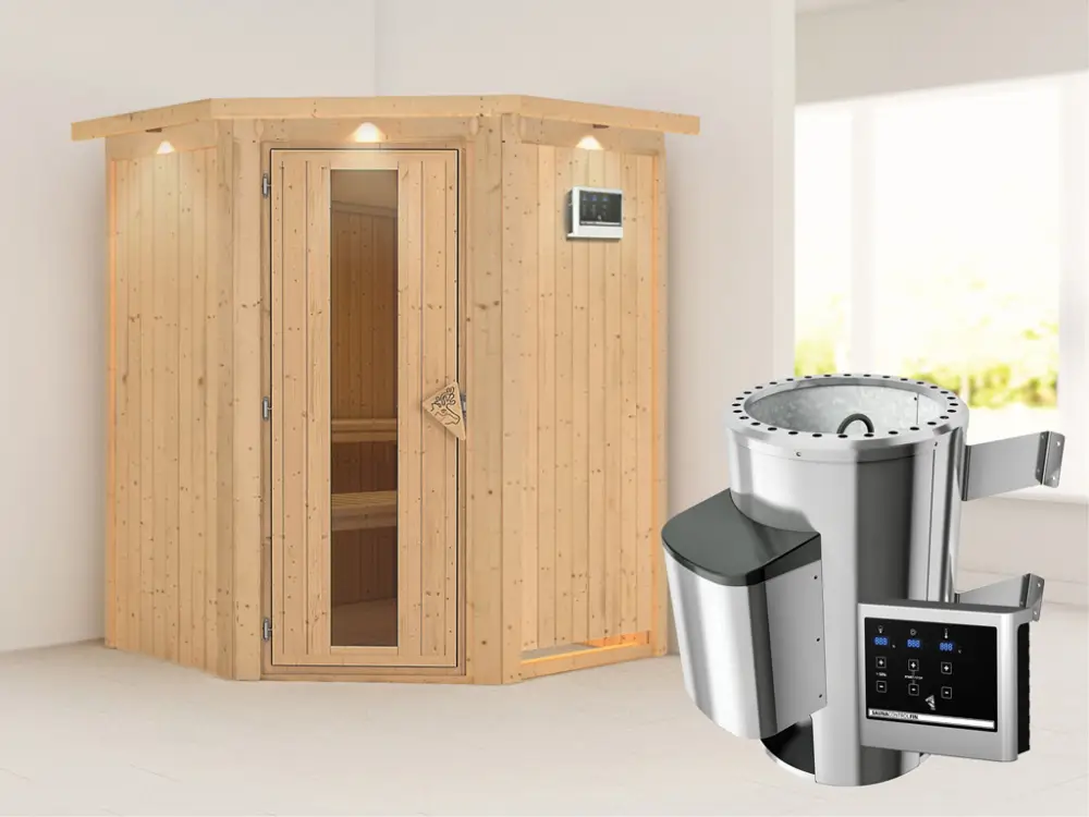 Weekendaanbieding Systeemsauna Nanja met dakkraag, energiebesparende deur + Plug & Play saunakachel met ext. besturing