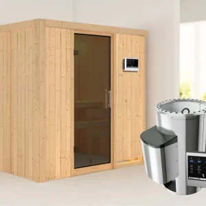 Systeemsauna Fanja grafiet glazen deur + Plug & Play saunakachel met ext. besturing Snelle Levering