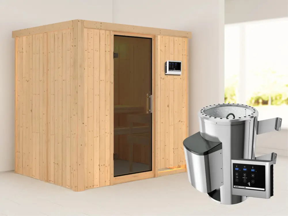 Systeemsauna Fanja grafiet glazen deur + Plug & Play saunakachel met ext. besturing Snelle Levering