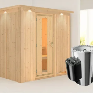 Direct Beschikbaar Systeemsauna Daria met dakkraag, energiebesparende deur + Plug & Play saunakachel met besturing