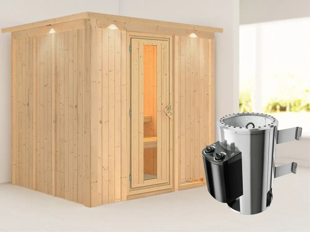 Direct Beschikbaar Systeemsauna Daria met dakkraag, energiebesparende deur + Plug & Play saunakachel met besturing