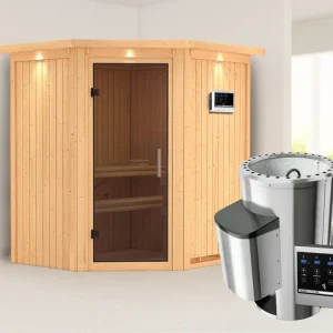 Systeemsauna Tonja met dakkraag, grafiet glazen deur + Plug & Play saunakachel met ext. besturing Seizoensaanbieding