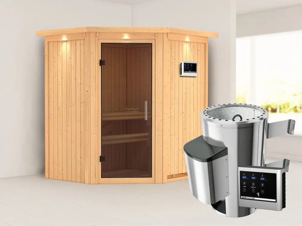 Systeemsauna Tonja met dakkraag, grafiet glazen deur + Plug & Play saunakachel met ext. besturing Seizoensaanbieding