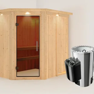 Systeemsauna Saja met dakkraag, grafiet glazen deur + Plug & Play saunakachel met besturing Weekendaanbieding