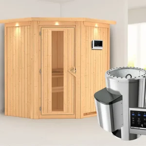 Exclusieve Aanbieding Systeemsauna Tonja met dakkraag, energiebesparende deur + Plug & Play saunakachel met ext. besturing