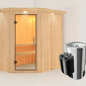 Laatste Versie Systeemsauna Saja met dakkraag, transparent glazen deur + Plug & Play saunakachel met besturing