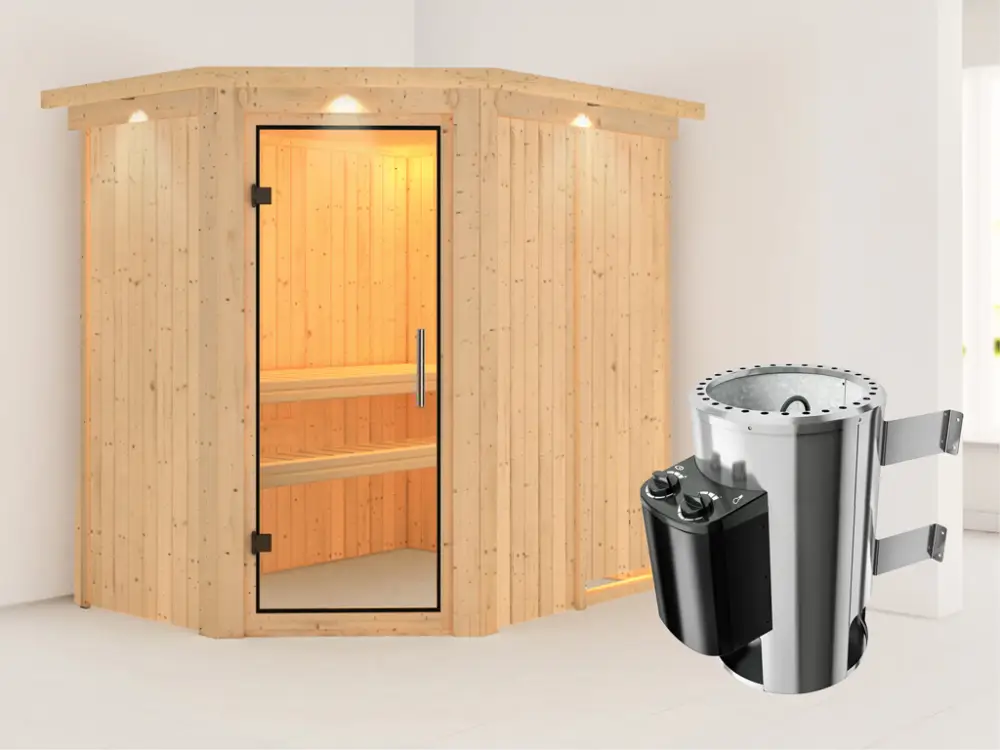 Laatste Versie Systeemsauna Saja met dakkraag, transparent glazen deur + Plug & Play saunakachel met besturing