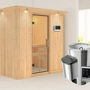 Systeemsauna Fanja met dakkraag, transparent glazen deur + Plug&Play saunakachel met ext. besturing Korting