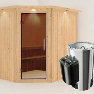Systeemsauna Lilja met dakkraag, grafiet glazen deur + Plug & Play saunakachel met besturing Koopje