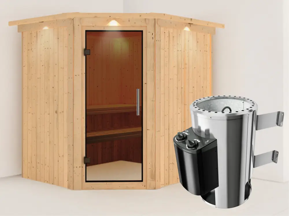 Systeemsauna Lilja met dakkraag, grafiet glazen deur + Plug & Play saunakachel met besturing Koopje