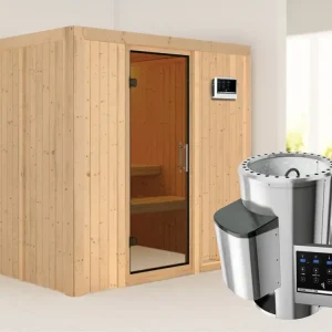 Finale Uitverkoop Systeemsauna Daria grafiet glazen deur + Plug & Play saunakachel met ext. besturing
