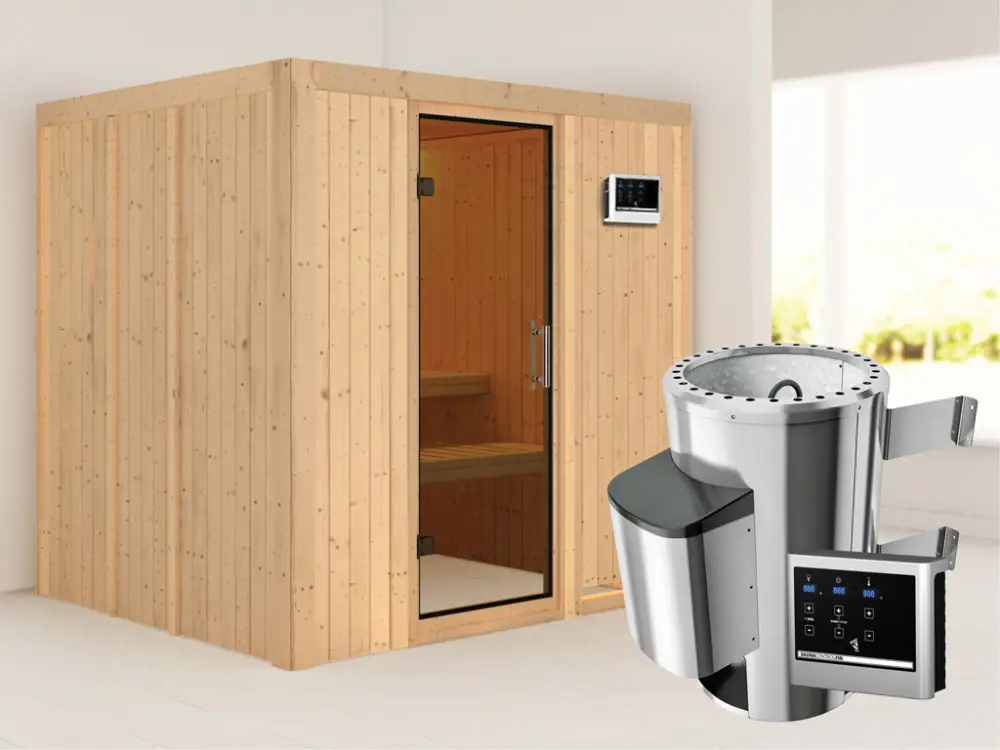 Finale Uitverkoop Systeemsauna Daria grafiet glazen deur + Plug & Play saunakachel met ext. besturing