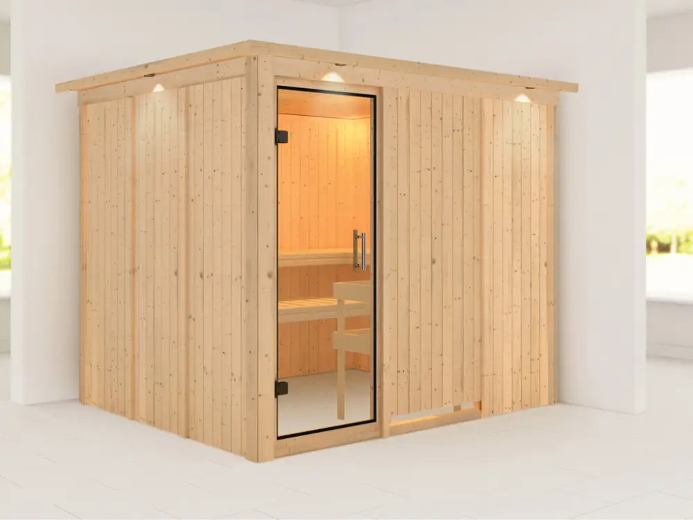Veilige Betaling Systeemsauna Gobin met dakkraag, transparent glazen deur