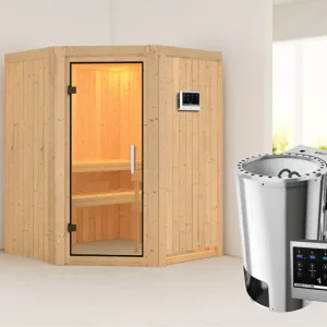 Systeemsauna Nanja transparent glazen deur + Plug & Play Bio-kachel met ext. besturing Express Levering
