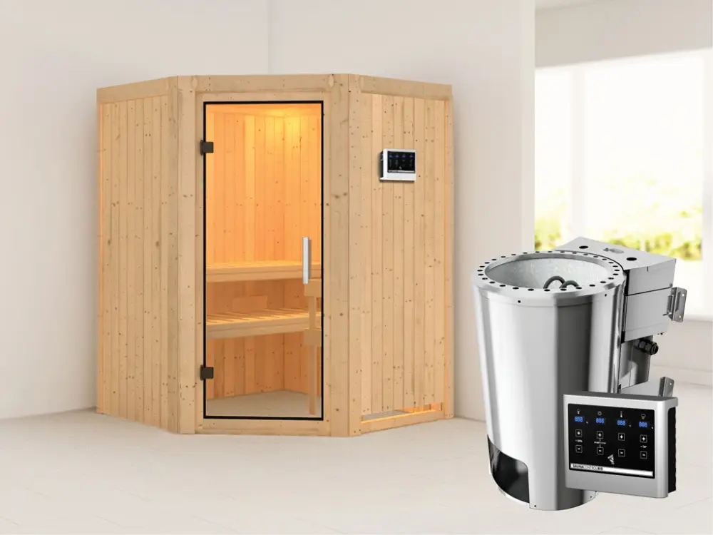 Systeemsauna Nanja transparent glazen deur + Plug & Play Bio-kachel met ext. besturing Express Levering