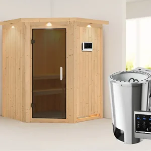Koopje Systeemsauna Nanja met dakkraag, grafiet glazen deur + Plug & Play Bio-kachel met ext. besturing