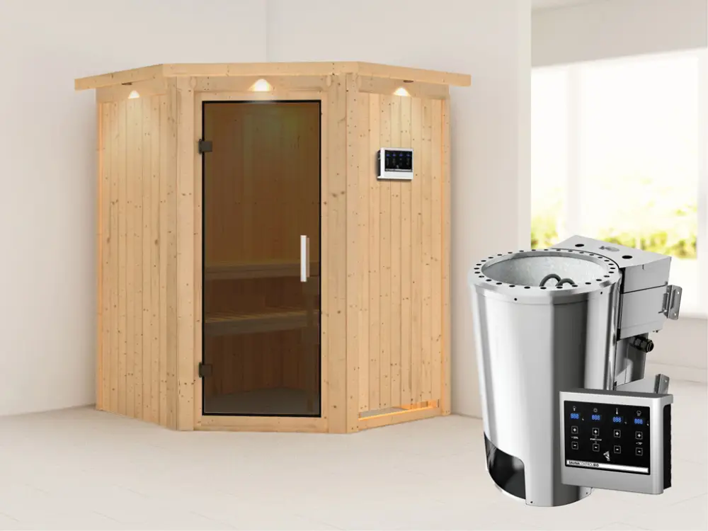 Koopje Systeemsauna Nanja met dakkraag, grafiet glazen deur + Plug & Play Bio-kachel met ext. besturing