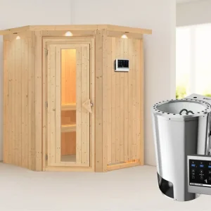 Goedkoop Systeemsauna Nanja met dakkraag, energiebesparende deur, Plug & Play Bio-kachel met ext. besturing