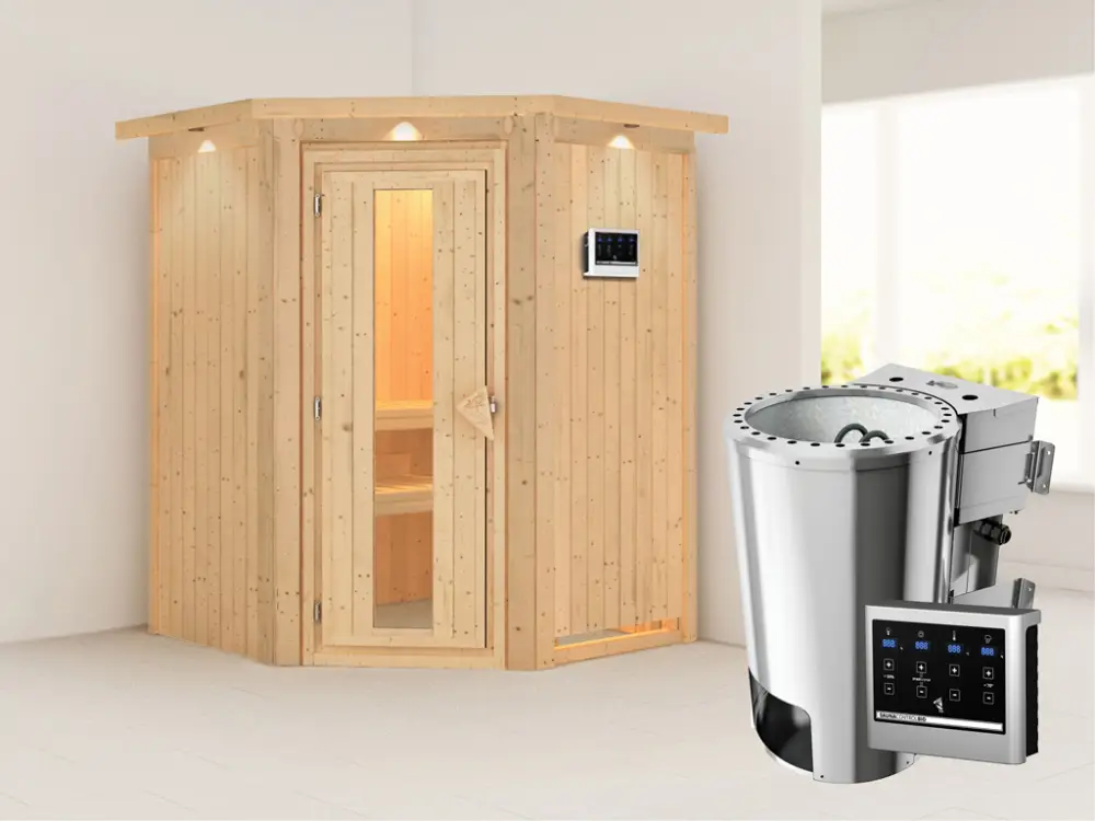 Goedkoop Systeemsauna Nanja met dakkraag, energiebesparende deur, Plug & Play Bio-kachel met ext. besturing