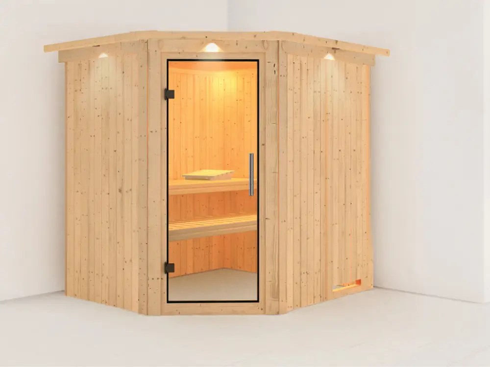 Fabrieksprijs Systeemsauna Siirin met dakkraag, transparent glazen deur