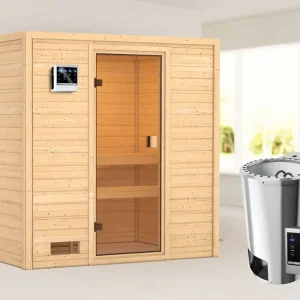 Speciale Aanbieding Sauna Selena met gebronsde glazen deur + 3,6 kW Plug & Play Bio-kachel ext. besturing