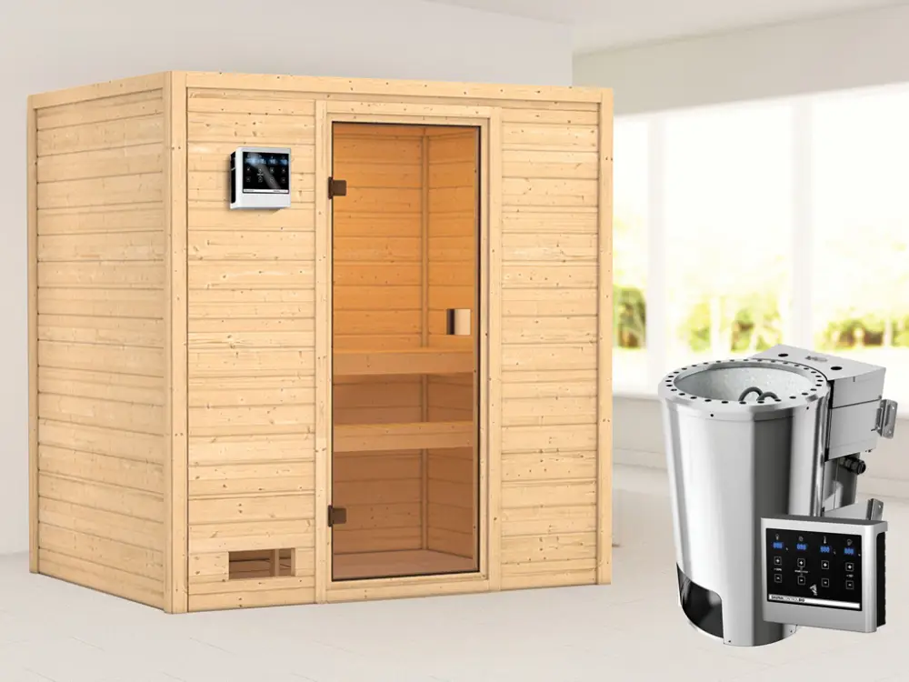 Speciale Aanbieding Sauna Selena met gebronsde glazen deur + 3,6 kW Plug & Play Bio-kachel ext. besturing