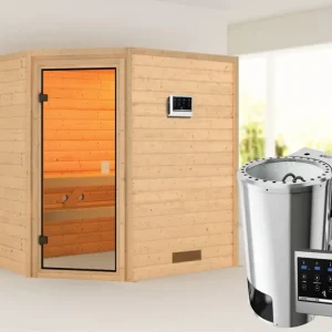 Korting Sauna Jella met gebronsde glazen deur + 3,6 kW Plug & Play Bio-kachel ext. besturing