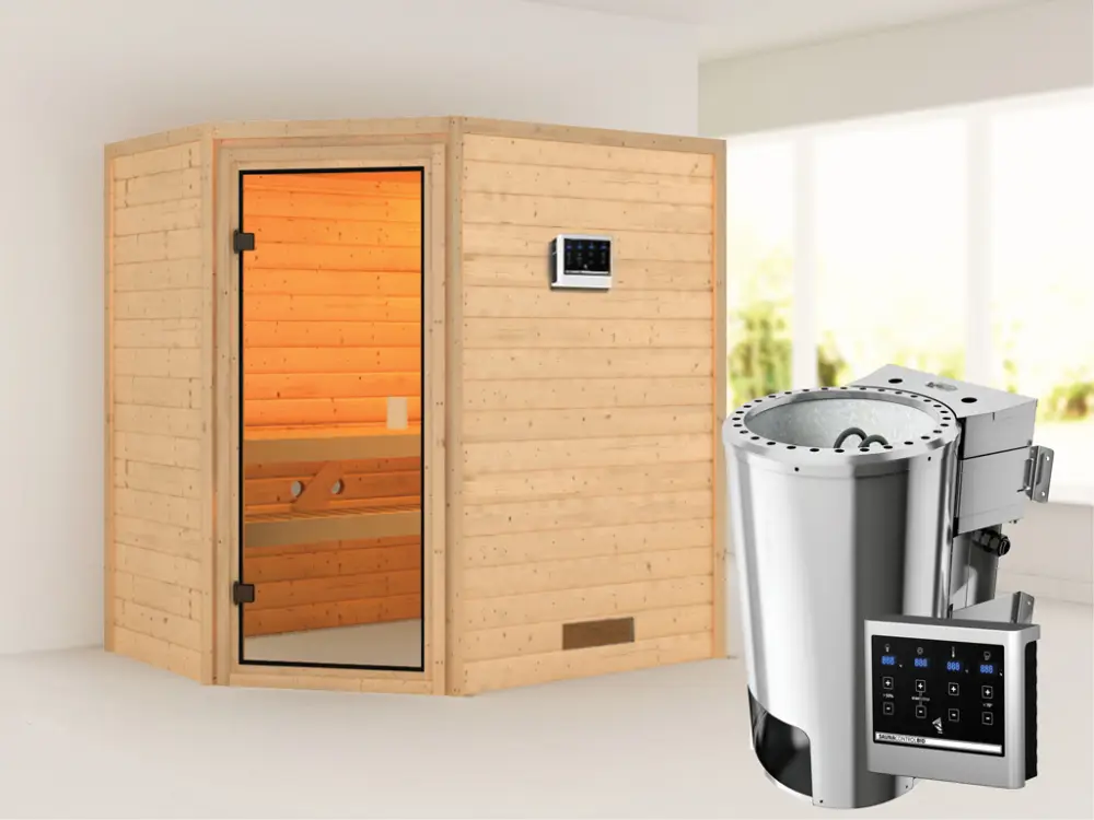 Korting Sauna Jella met gebronsde glazen deur + 3,6 kW Plug & Play Bio-kachel ext. besturing