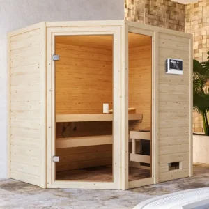 Sauna Jada met gebronsde glazen deur + 9 kW saunakachel ext. besturing Merkproduct