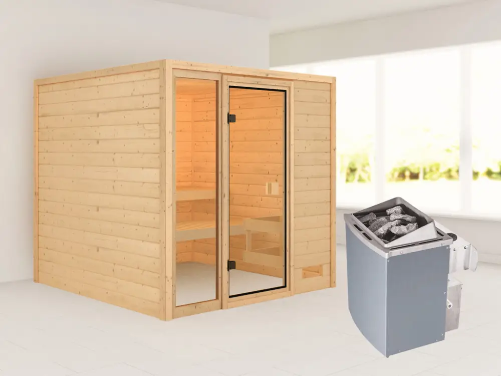 Beperkt Aanbod Sauna Jutta met gebronsde glazen deur + 9 kW saunakachel int. besturing