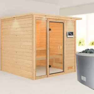 Sauna Jutta met gebronsde glazen deur en dakkraag + 9 kW saunakachel ext. besturing Uitverkoop