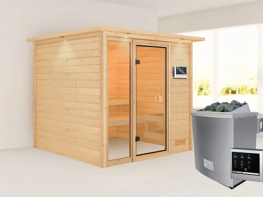 Sauna Jutta met gebronsde glazen deur en dakkraag + 9 kW saunakachel ext. besturing Uitverkoop