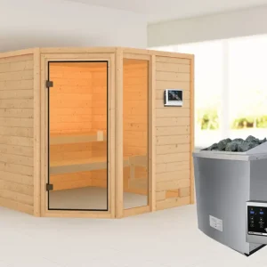 Koop Vandaag Sauna Tabea met gebronsde glazen deur + 9 kW saunakachel ext. besturing