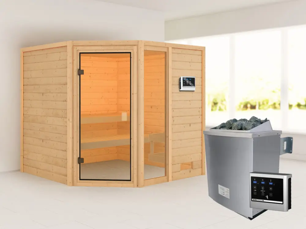 Koop Vandaag Sauna Tabea met gebronsde glazen deur + 9 kW saunakachel ext. besturing