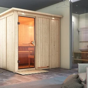 Systeemsauna Rodin met dakkraag, kompleet transparente gebronsde glazen deur, incl. 9kW saunakachel Speciale Aanbieding