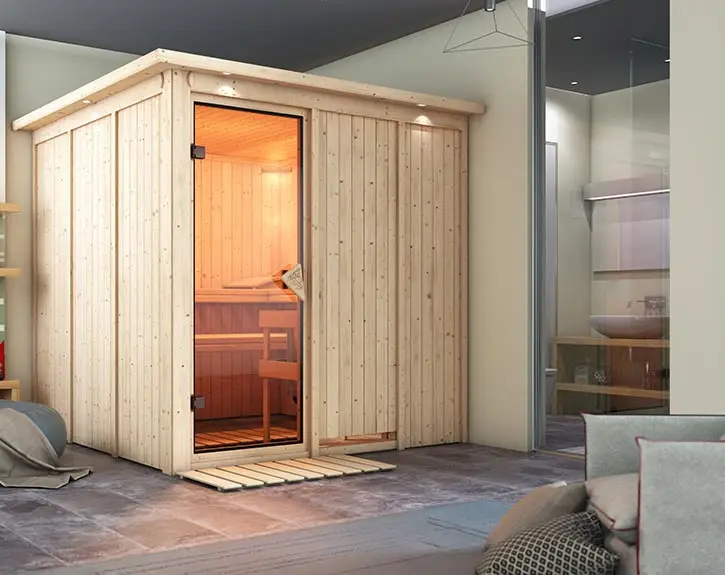 Systeemsauna Rodin met dakkraag, kompleet transparente gebronsde glazen deur, incl. 9kW saunakachel Speciale Aanbieding