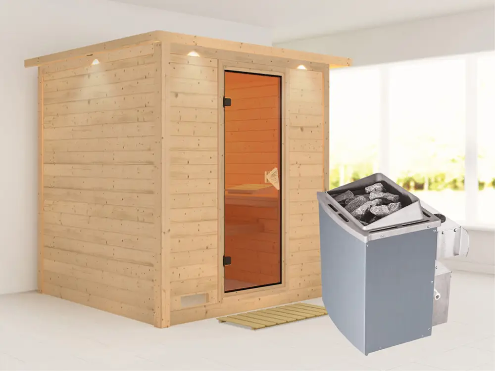 Massieve sauna Mojave met dakkraag, kompleet transparente gebronsde glazen deur, incl. 9kW kachel Express Levering