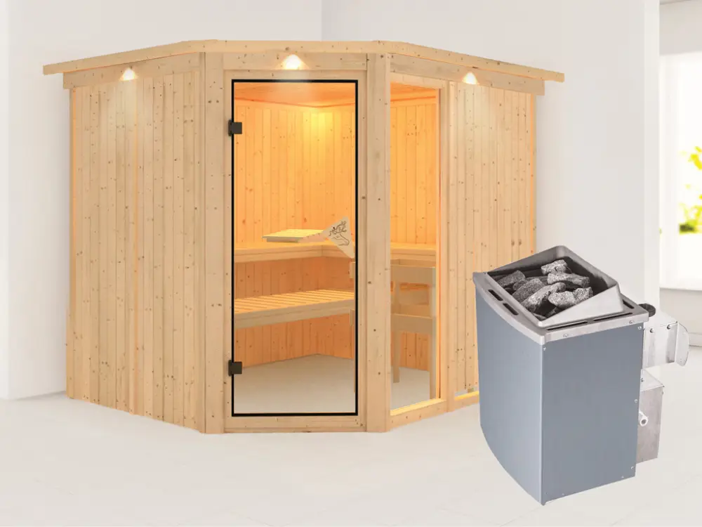 Express Levering Systeemsauna Fiona 3 met dakkraag, incl. 9 kW saunakachel int. besturing