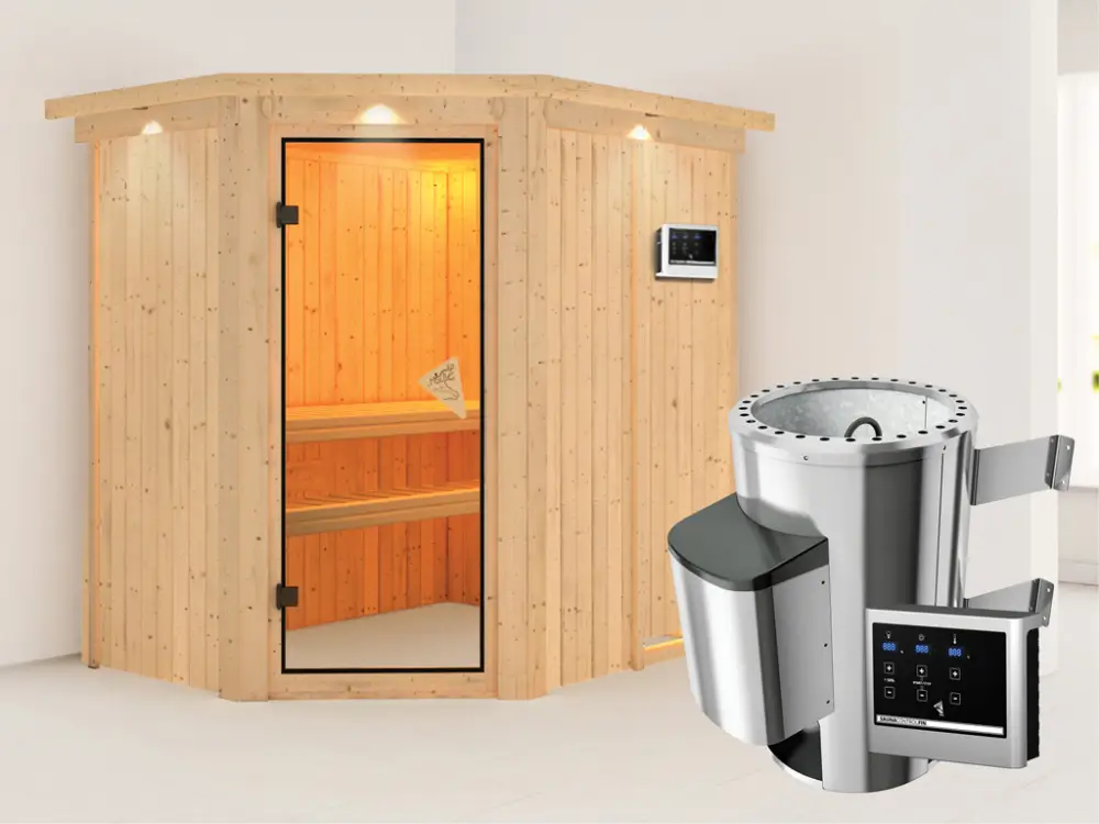 Systeemsauna Saja met dakkraag, incl. Plug & Play saunakachel externe besturing Must-Have