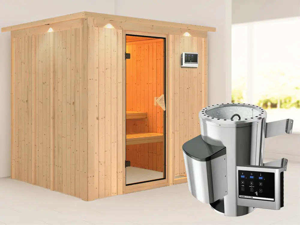 Systeemsauna Daria met dakkraag, incl. Plug & Play saunakachel externe besturing Flitsaanbieding