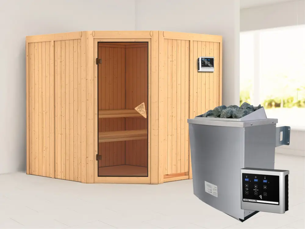 Systeemsauna Jarin kompleet transparente gebronsde glazen deur, incl. 9kW saunakachel ext. besturing Merkproduct