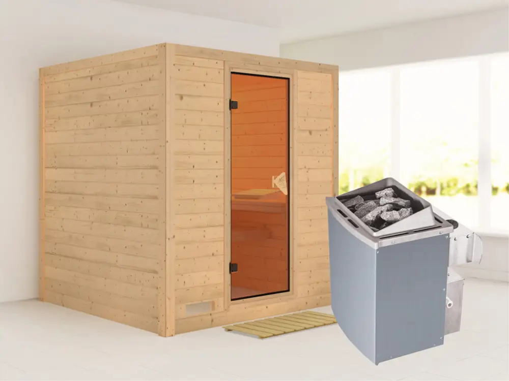 Massieve sauna Mojave kompleet transparente gebronsde glazen deur, incl. 9 kW kachel int. besturing Beste Prijs