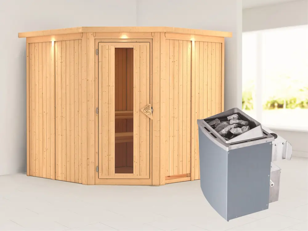 Systeemsauna Jarin met dakkraag houten deur met geïsoleerd glas incl. 9kW saunakachel int. besturing Hete Deal