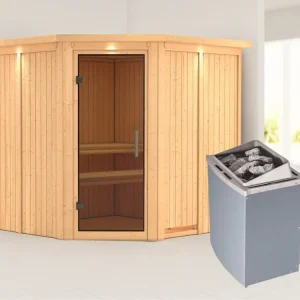 Systeemsauna Jarin met dakkraag, grafiet glazen deur, incl. 9 kW saunakachel int. besturing Exclusieve Aanbieding