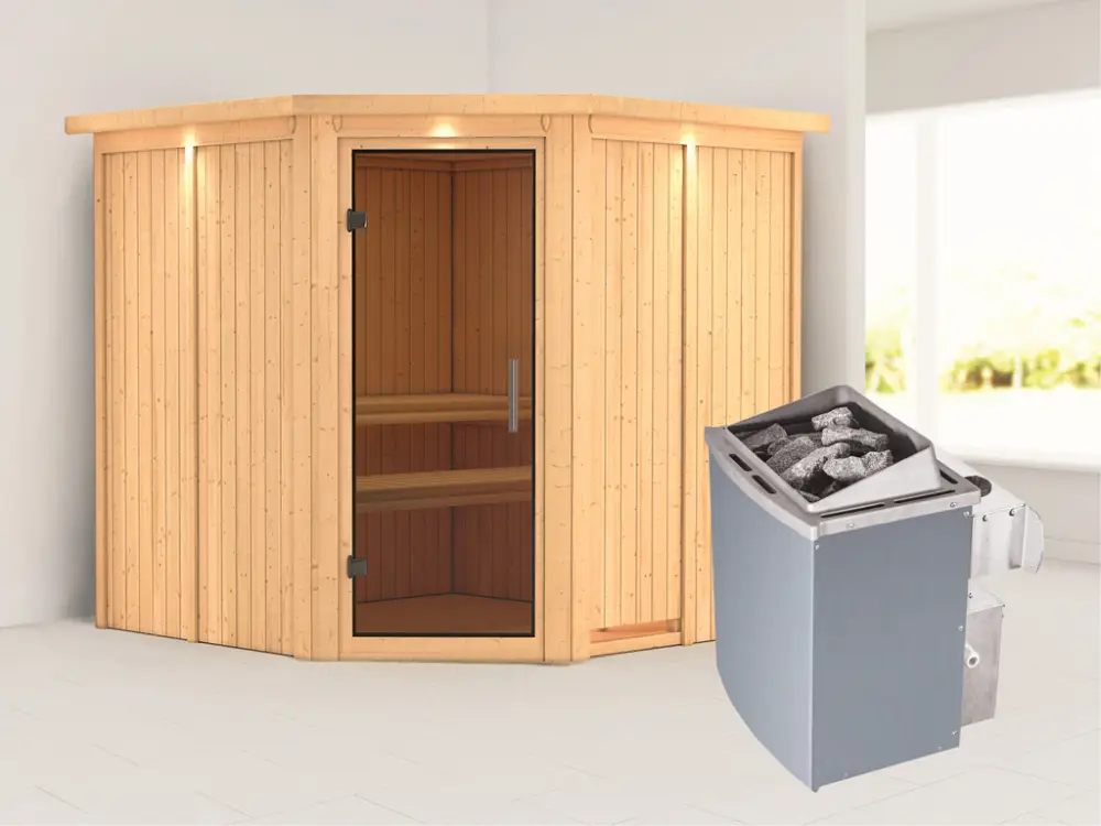 Systeemsauna Jarin met dakkraag, grafiet glazen deur, incl. 9 kW saunakachel int. besturing Exclusieve Aanbieding