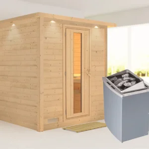 Massieve sauna Mojave met dakkraag, houten deur met geïsoleerd glas, incl. 9kW kachel int. besturing Gereduceerde Prijs