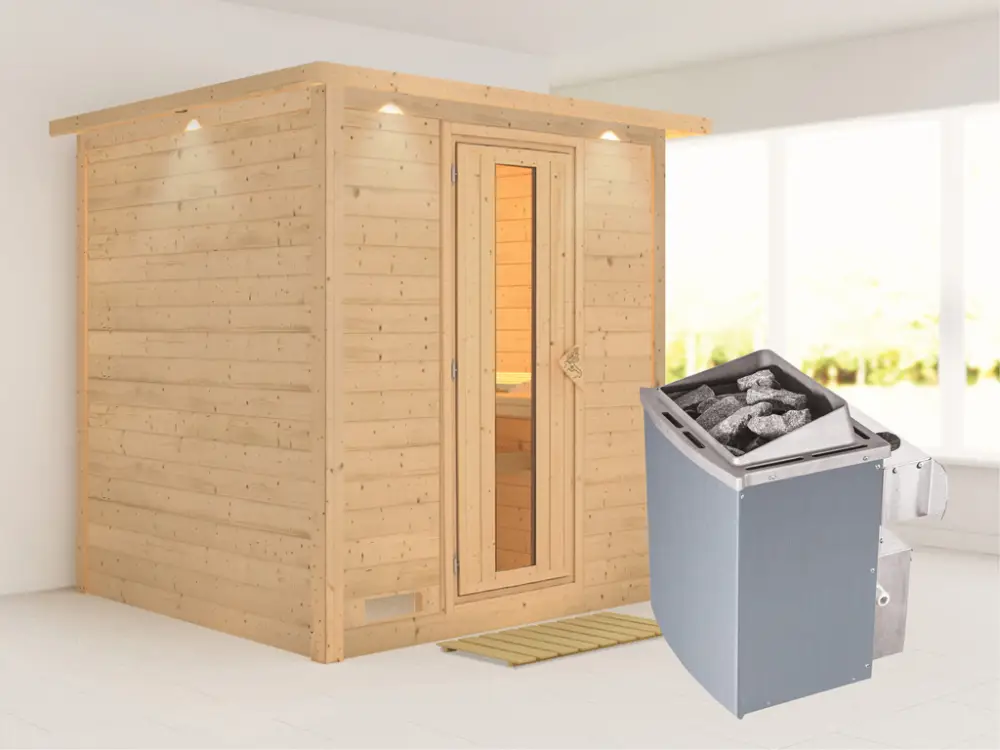 Massieve sauna Mojave met dakkraag, houten deur met geïsoleerd glas, incl. 9kW kachel int. besturing Gereduceerde Prijs