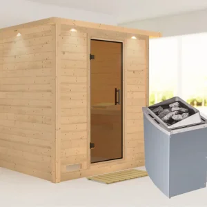 Massieve sauna Mojave met dakkraag, grafiet glazen deur, incl. 9 kW kachel int. besturing Op = Op