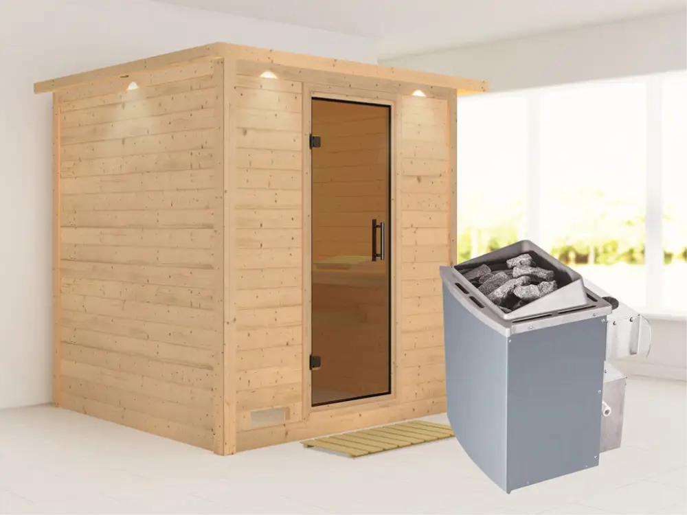 Massieve sauna Mojave met dakkraag, grafiet glazen deur, incl. 9 kW kachel int. besturing Op = Op